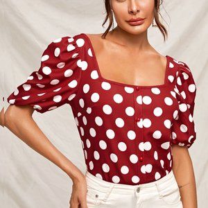 Polka Dot Puff Sleeve Blouse - Red